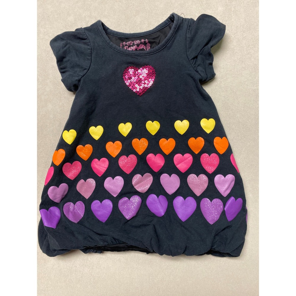 Flapdoodles Girls Black Rainbow Heart Sequin Bubble Dress Size 4T Short Sleeve